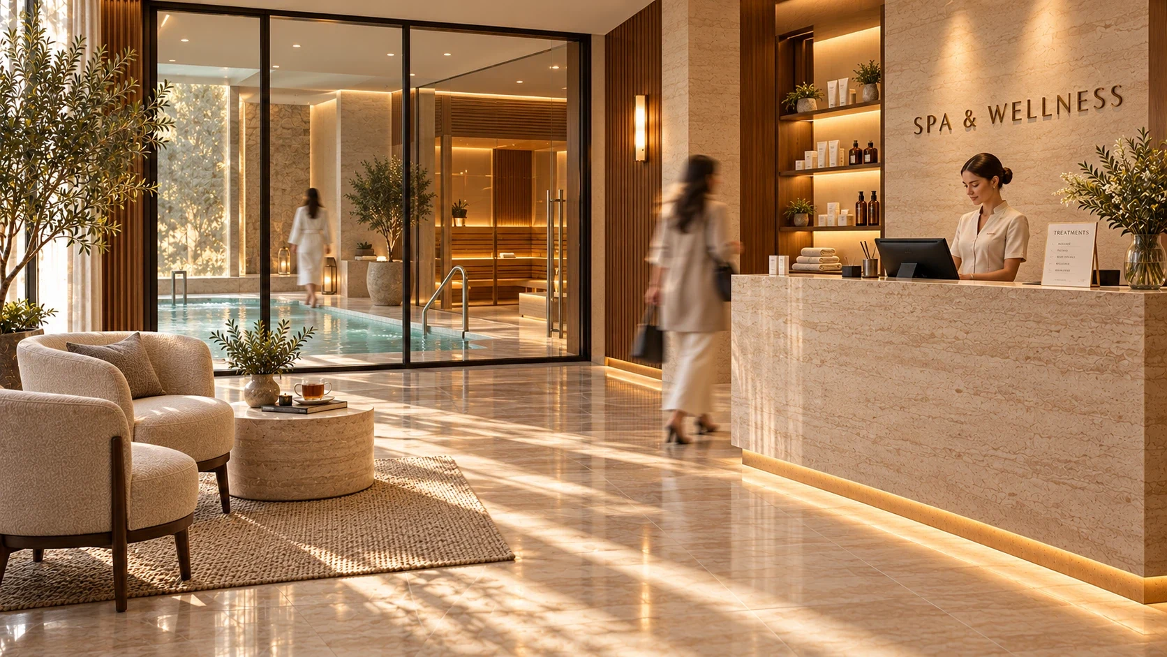 Ресепшен SPA-зоны с бассейном за стеклом в тёплом вечернем свете